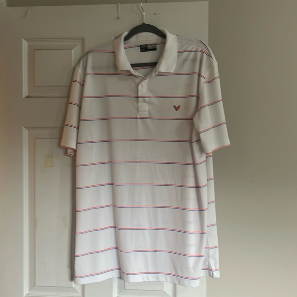 Men’s Callaway white blue/orange stripped polo shirt -XL